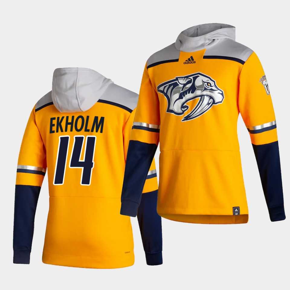 Men Nashville Predators 14 Ekholm Yellow NHL 2021 Adidas Pullover Hoodie Jersey